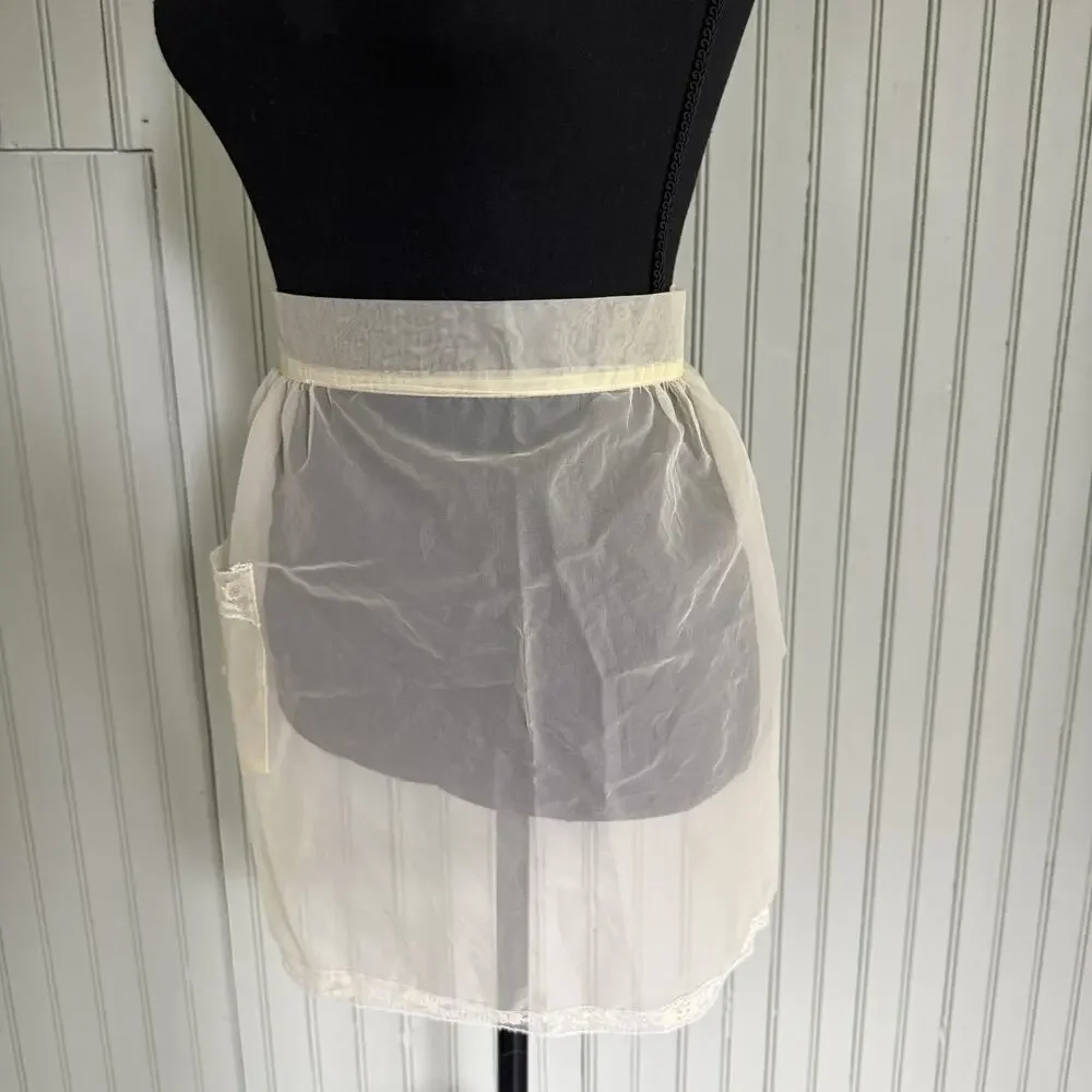 Vtg Hostess Half Apron Sheer Yellow MCM 50s Pocket Retro Tie Trad Cottage Lace